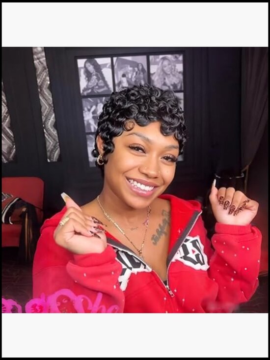 Short Layered Pixie Curly Human Hair Wig With Bangs Glueless Full Machine Made main image 6